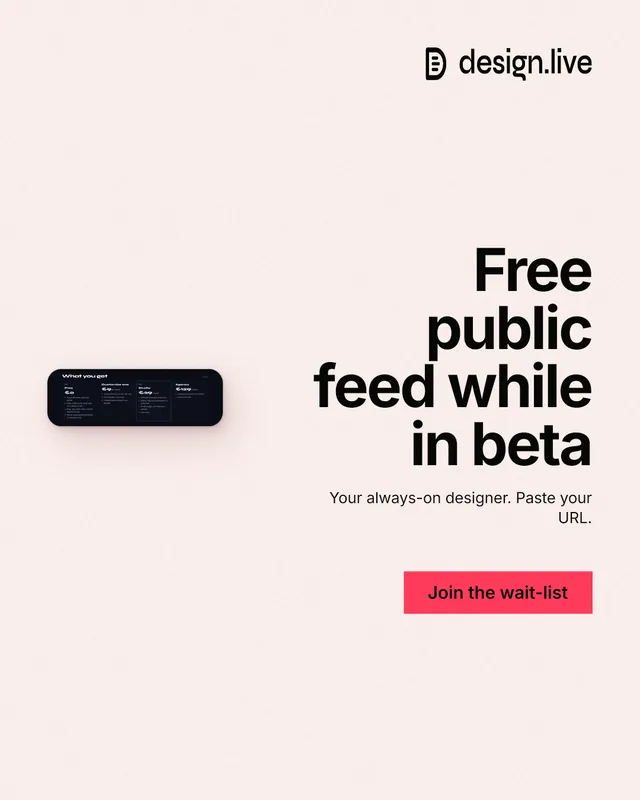 Instagram portrait post for design.live: "Free public feed while in beta". Swiss style, right layout, light palette in white, grey.