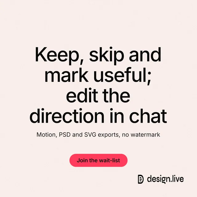 Instagram post for design.live: "Keep, skip and mark useful; edit the direction in chat". Data card style, centred layout, light palette in white, grey.