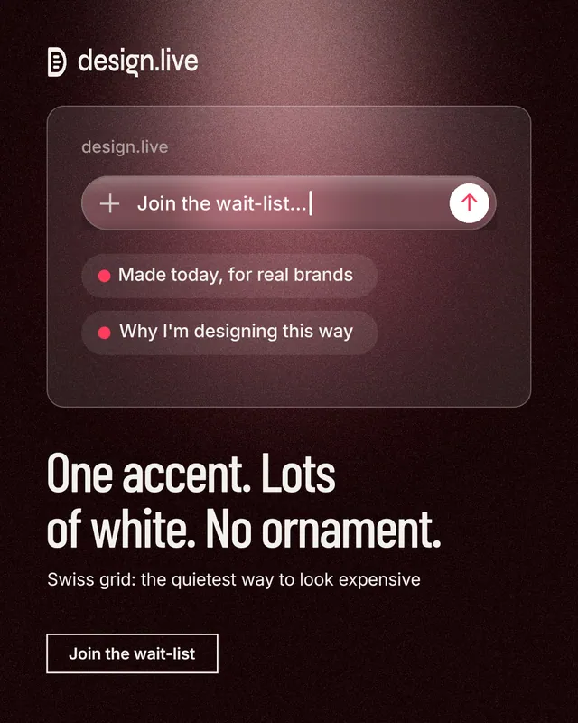 Instagram portrait post for design.live: "One accent. Lots of white. No ornament." Dark deco style, bottom layout, dark palette in black, red, grey.
