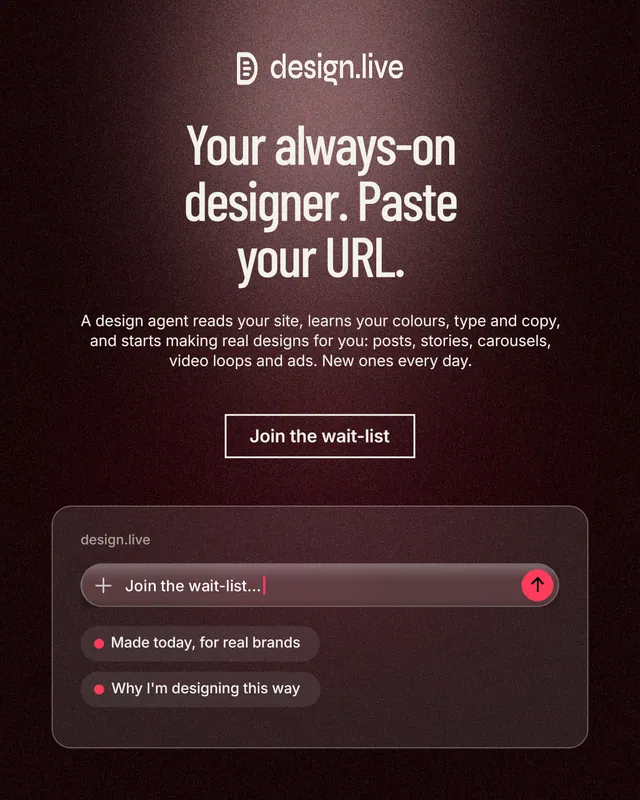 Instagram portrait post for design.live: "Your always-on designer. Paste your URL." Dark deco style, centred layout, dark palette in red, black, grey.