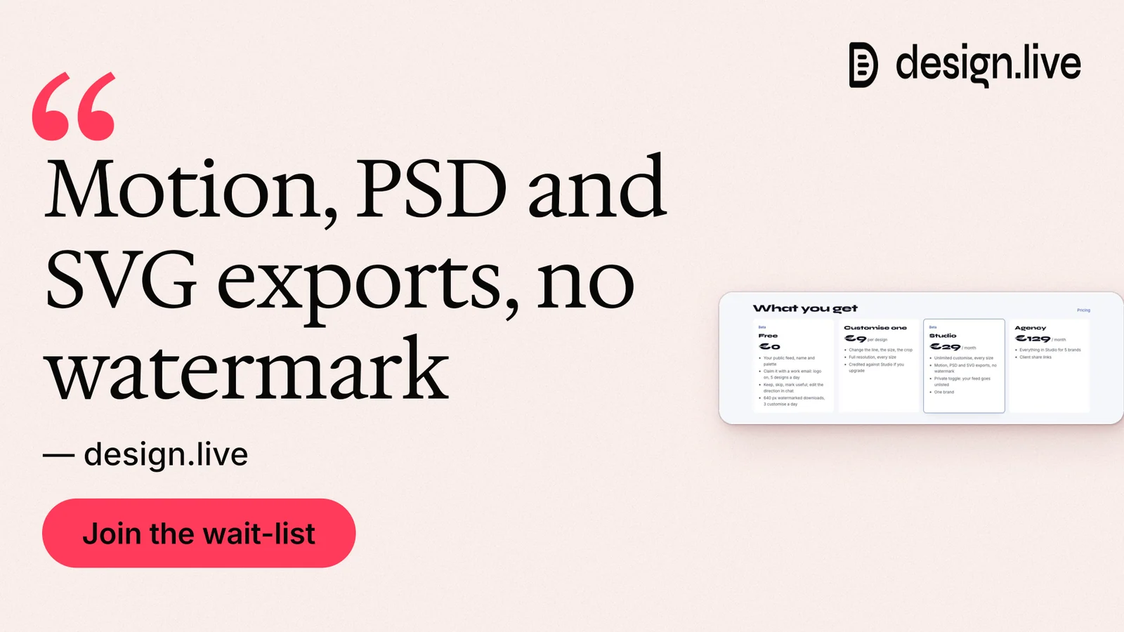 Landscape graphic for design.live: "Motion, PSD and SVG exports, no watermark". Data card style, quote layout, light palette in white, red.
