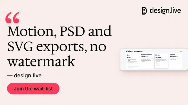 Landscape graphic for design.live: "Motion, PSD and SVG exports, no watermark". Data card style, quote layout, light palette in white, red.