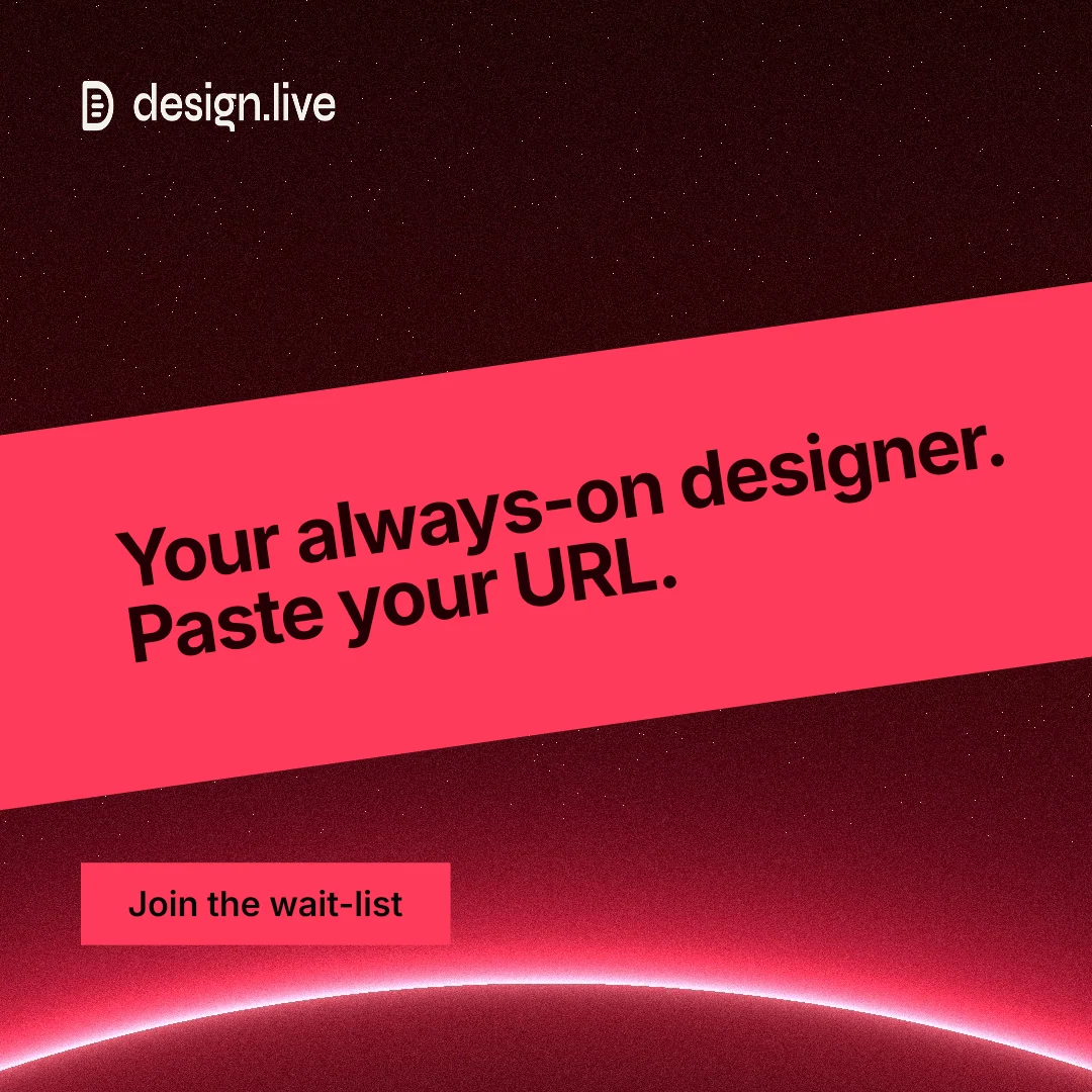 Instagram post for design.live: "Your always-on designer. Paste your URL." Swiss style, diagonal layout, dark palette in black, red.
