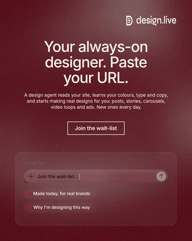 Instagram portrait post for design.live: "Your always-on designer. Paste your URL." Cyanotype style, centred layout, dark palette in red, grey.