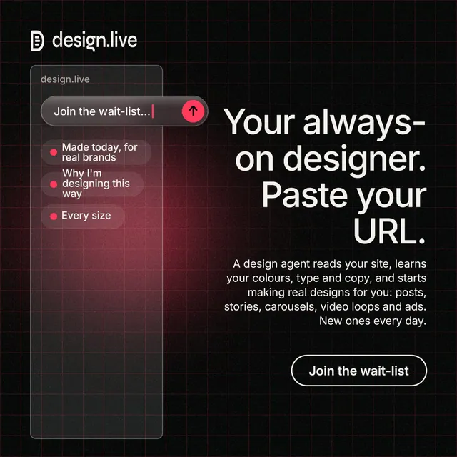 Instagram post for design.live: "Your always-on designer. Paste your URL." Phosphor atlas style, right layout, dark palette in red, black, grey.
