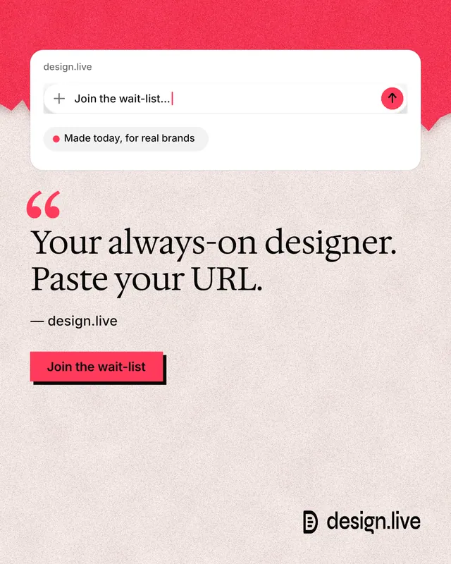 Instagram portrait post for design.live: "Your always-on designer. Paste your URL." Paper trio style, quote layout, light palette in orange, red, white.