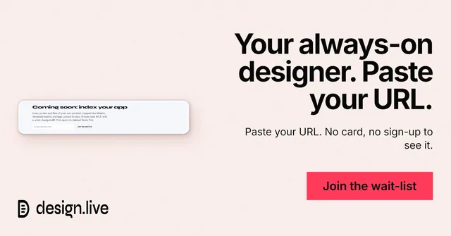 Social ad for design.live: "Your always-on designer. Paste your URL." Swiss style, right layout, light palette in white, red.