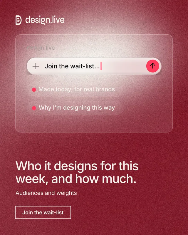 Instagram portrait post for design.live: "Who it designs for this week, and how much." Cyanotype style, bottom layout, dark palette in red.