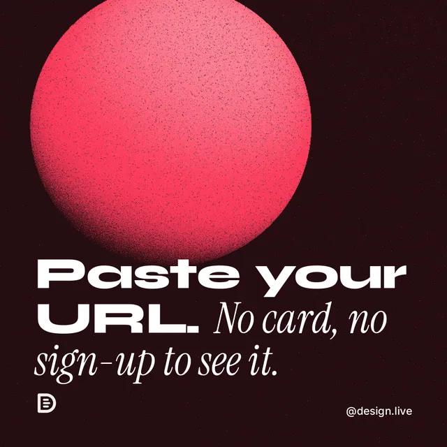 Instagram post for design.live: "Paste your URL. No card, no sign-up to see it." Auto 1x1 style, technique:shader field layout, dark palette in black, red.