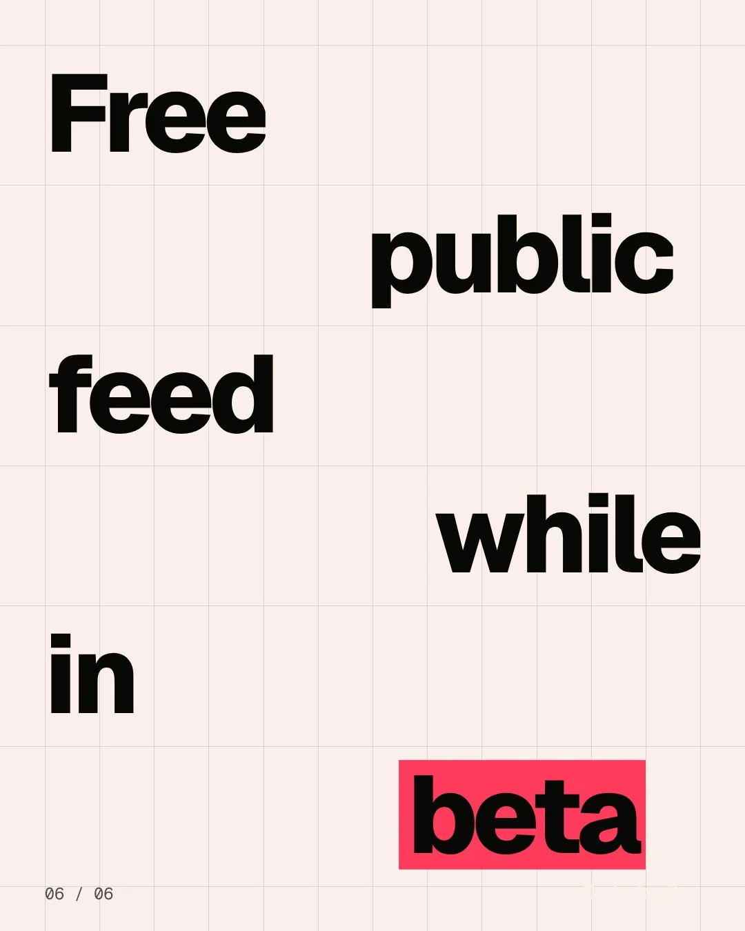 Video for design.live: "Free public feed while in beta". Kinetic type grid, 6.0 s, light palette.