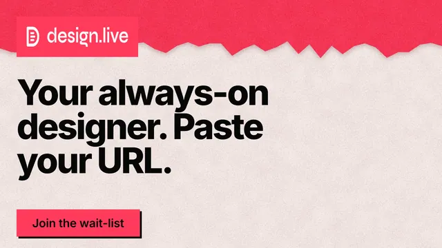 Landscape graphic for design.live: "Your always-on designer. Paste your URL." Paper trio style, announce layout, light palette in red, orange.