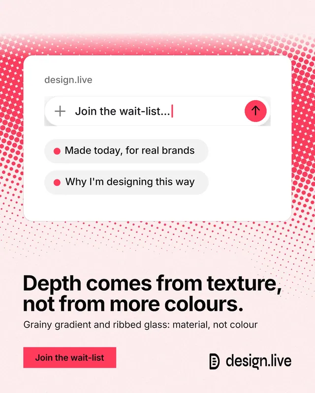 Instagram portrait post for design.live: "Depth comes from texture, not from more colours." Swiss style, bottom layout, light palette in white, red.