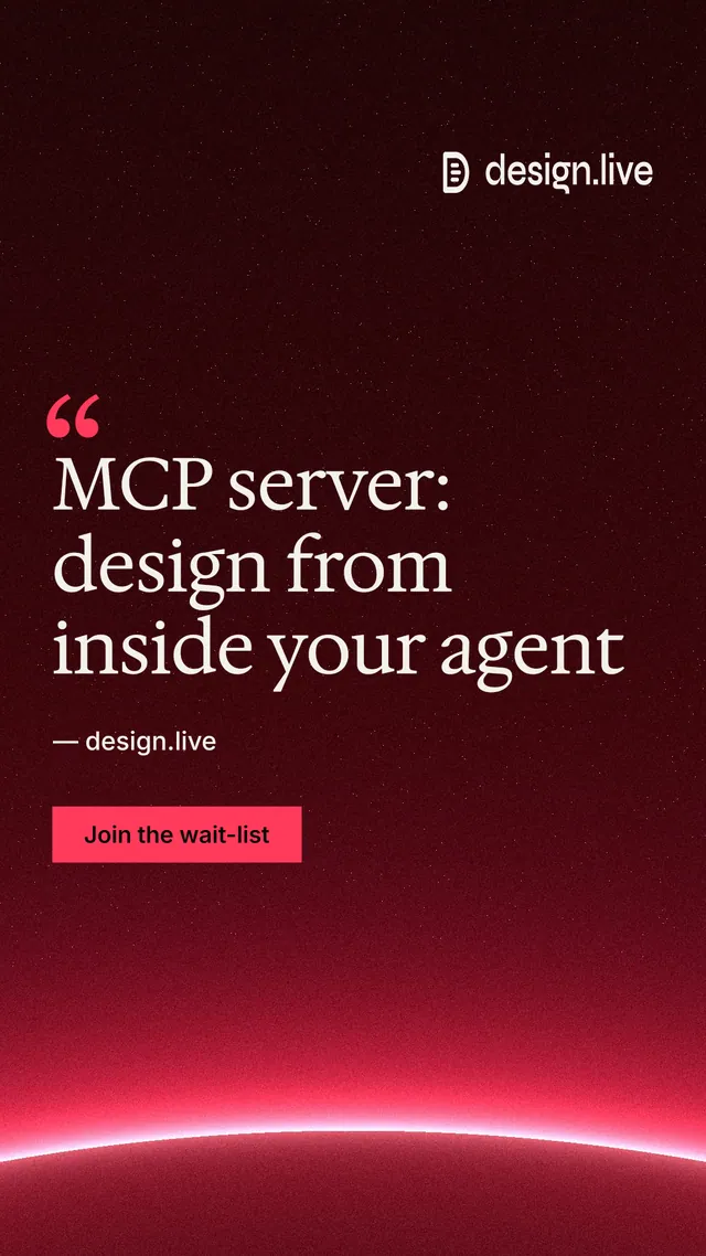 Instagram story for design.live: "MCP server: design from inside your agent". Swiss style, quote layout, dark palette in black, red.