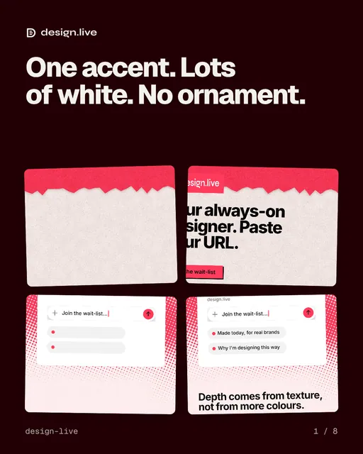 Carousel for design.live: "One accent. Lots of white. No ornament.". Collection carousel, 8 slides, dark palette.