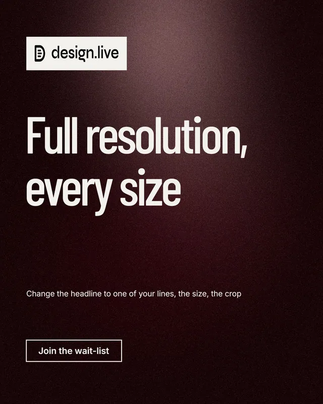 Instagram portrait post for design.live: "Full resolution, every size". Dark deco style, announce layout, dark palette in red, black, grey.
