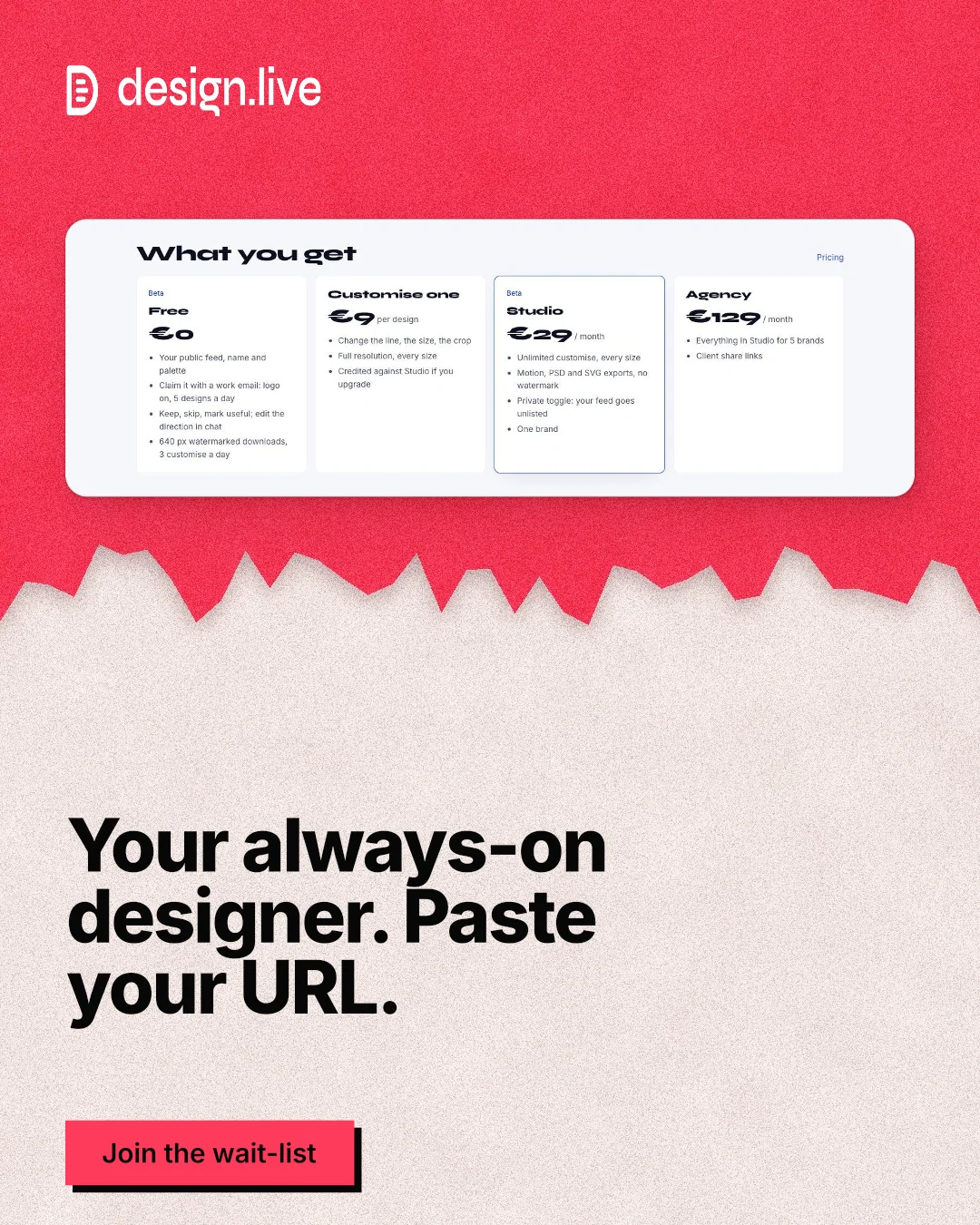 Instagram portrait post for design.live: "Your always-on designer. Paste your URL." Paper trio style, bottom layout, light palette in orange, red, white.
