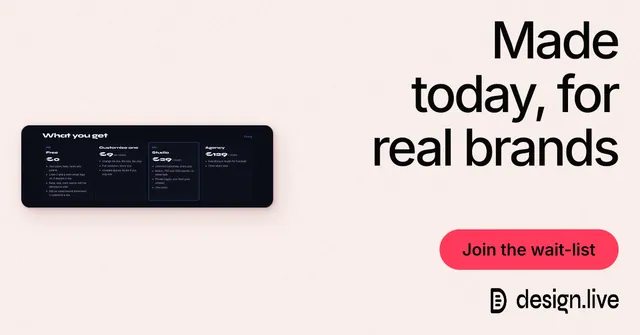 Social ad for design.live: "Made today, for real brands". Data card style, right layout, light palette in white, grey.