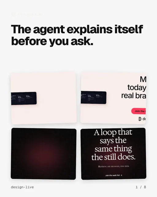 Carousel for design.live: "The agent explains itself before you ask.". Collection carousel, 8 slides, light palette.