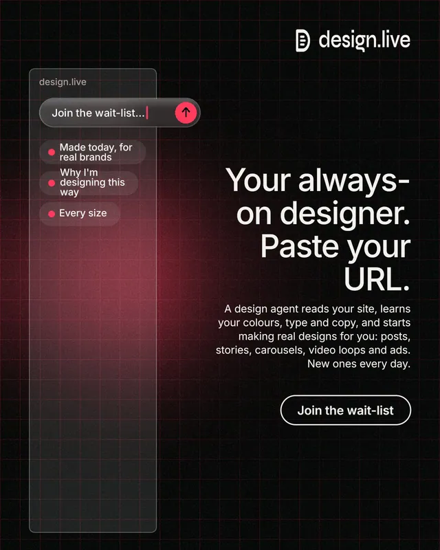 Instagram portrait post for design.live: "Your always-on designer. Paste your URL." Phosphor atlas style, right layout, dark palette in red, black, grey.