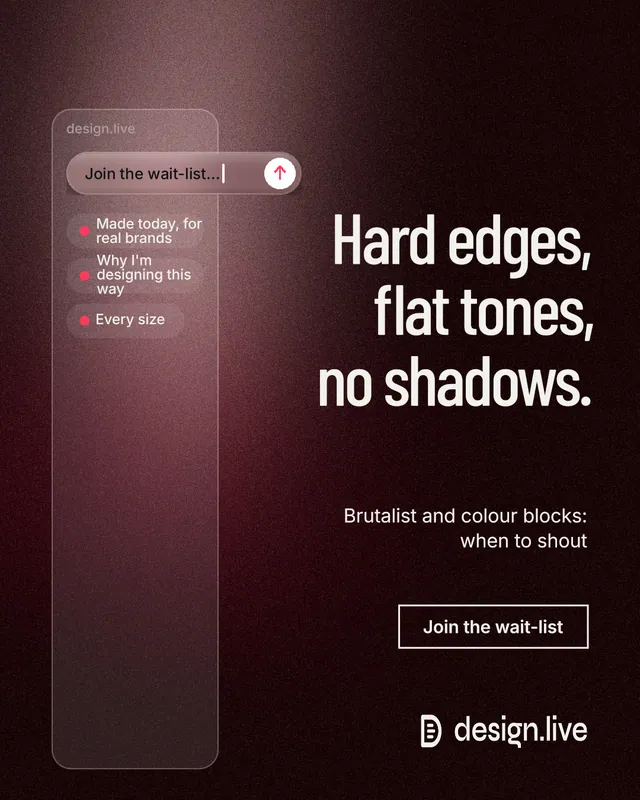 Instagram portrait post for design.live: "Hard edges, flat tones, no shadows." Dark deco style, right layout, dark palette in black, red, grey.