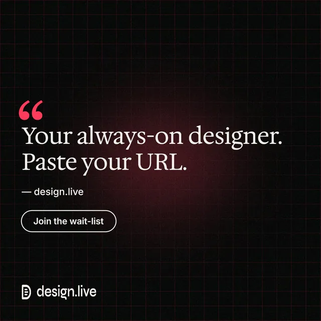Instagram post for design.live: "Your always-on designer. Paste your URL." Phosphor atlas style, quote layout, dark palette in black.