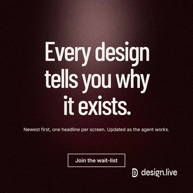 Instagram post for design.live: "Every design tells you why it exists." Dark deco style, centred layout, dark palette in black, red, grey.
