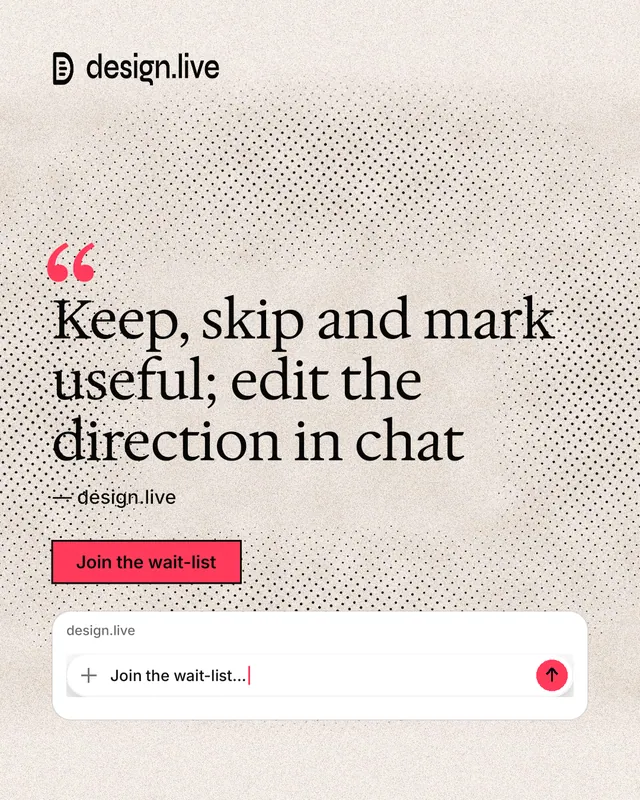 Instagram portrait post for design.live: "Keep, skip and mark useful; edit the direction in chat". Ink sticker style, quote layout, light palette in orange, grey, white.