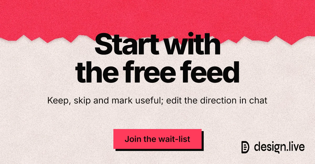Social ad for design.live: "Start with the free feed". Paper trio style, centred layout, light palette in red, orange, grey.