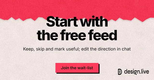 Social ad for design.live: "Start with the free feed". Paper trio style, centred layout, light palette in red, orange, grey.