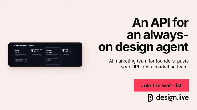 Landscape graphic for design.live: "An API for an always-on design agent". Swiss style, right layout, light palette in white, grey.