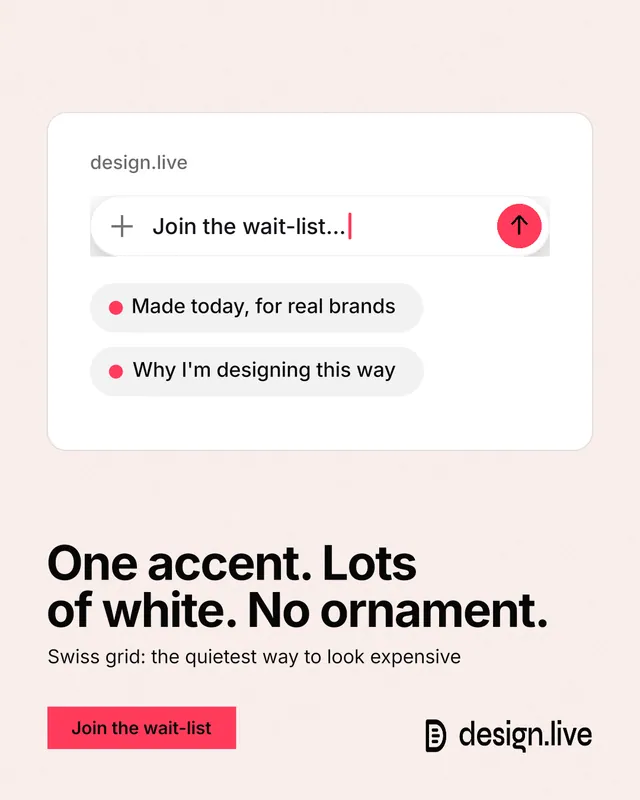 Instagram portrait post for design.live: "One accent. Lots of white. No ornament." Swiss style, bottom layout, light palette in white, red.