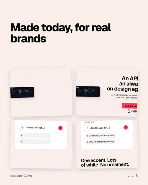 Carousel for design.live: "Made today, for real brands". Collection carousel, 8 slides, light palette.
