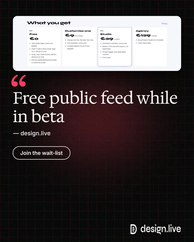 Instagram portrait post for design.live: "Free public feed while in beta". Phosphor atlas style, quote layout, dark palette in black, grey.
