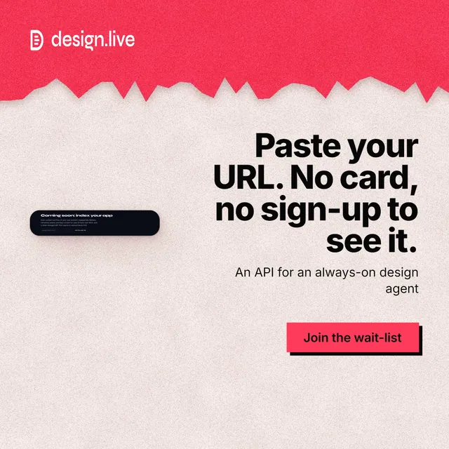 Instagram post for design.live: "Paste your URL. No card, no sign-up to see it." Paper trio style, right layout, light palette in orange, red.
