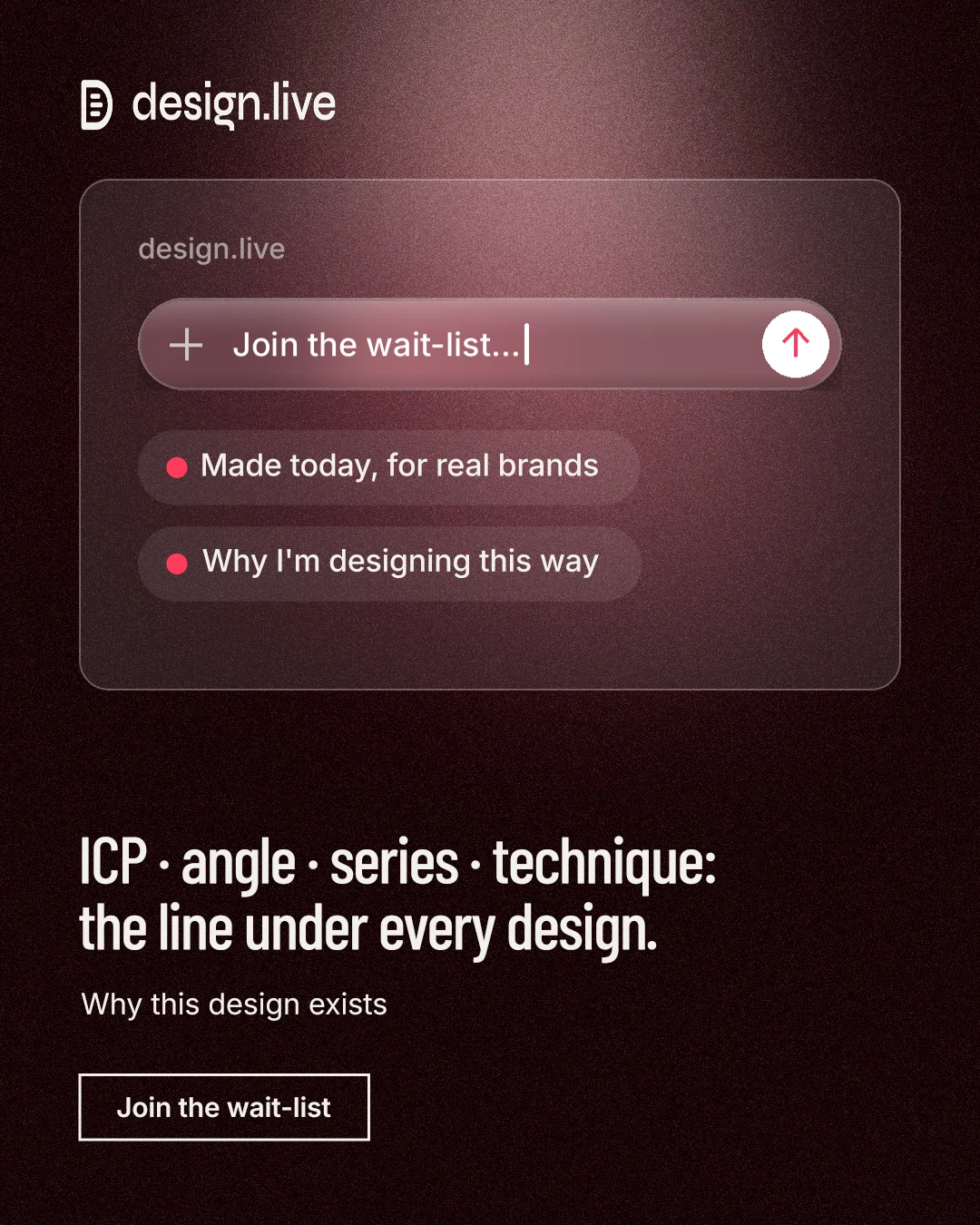 Instagram portrait post for design.live: "ICP · angle · series · technique: the line under every design." Dark deco style, bottom layout, dark palette in black, red, grey.