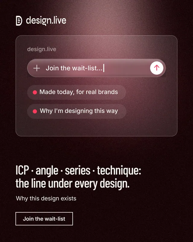 Instagram portrait post for design.live: "ICP · angle · series · technique: the line under every design." Dark deco style, bottom layout, dark palette in black, red, grey.