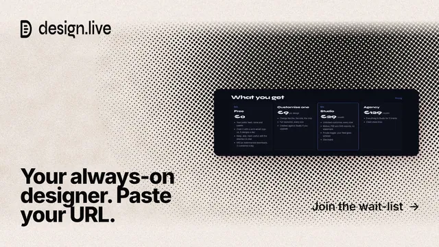 Landscape graphic for design.live: "Your always-on designer. Paste your URL." Ink sticker style, image led layout, light palette in black, orange, grey.