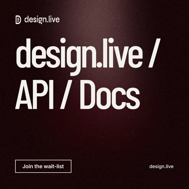 Instagram post for design.live: "design.live / API / Docs". Dark deco style, poster layout, dark palette in black, grey.