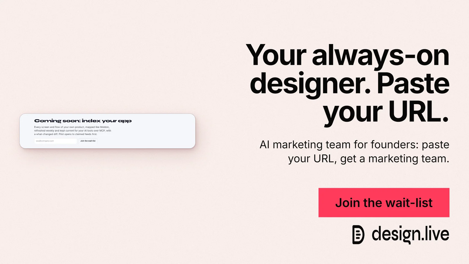 Landscape graphic for design.live: "Your always-on designer. Paste your URL." Swiss style, right layout, light palette in white, red.