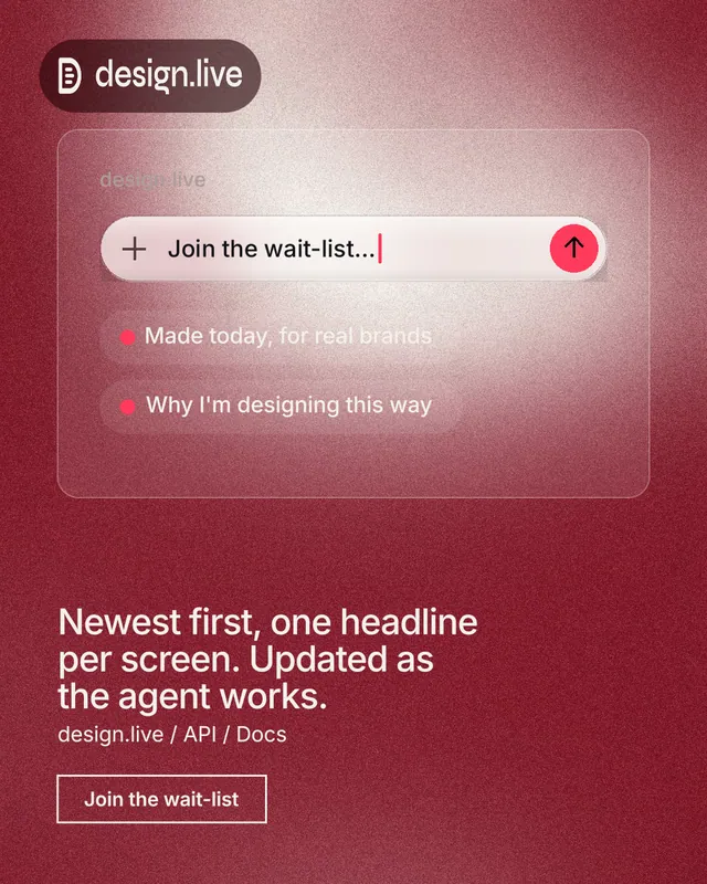Instagram portrait post for design.live: "Newest first, one headline per screen. Updated as the agent works." Cyanotype style, bottom layout, dark palette in red.