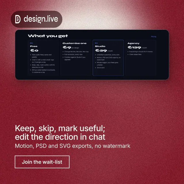 Instagram post for design.live: "Keep, skip, mark useful; edit the direction in chat". Cyanotype style, bottom layout, dark palette in red, black.