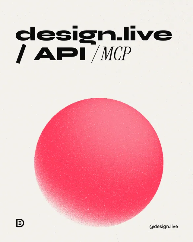 Instagram portrait post for design.live: "design.live / API / MCP". Auto 4x5 style, technique:shader field layout, light palette in white, red.