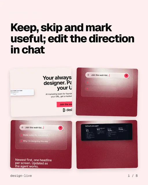 Carousel for design.live: "Keep, skip and mark useful; edit the direction in chat". Collection carousel, 8 slides, light palette.