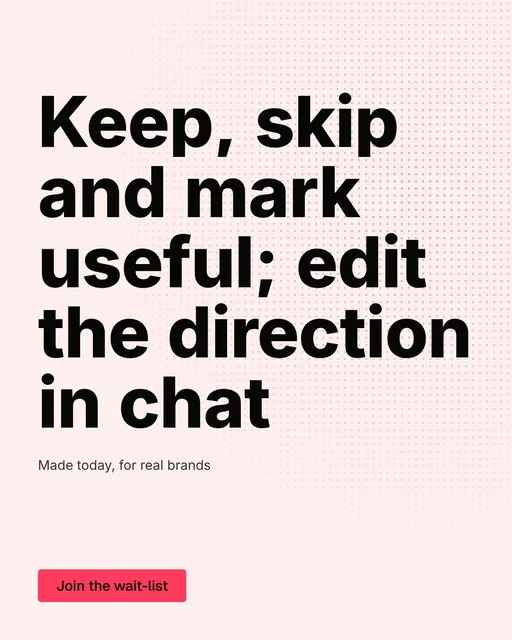 Video for design.live: "Keep, skip and mark useful; edit the direction in chat". Doc motion loop, 8.0 s, light palette.