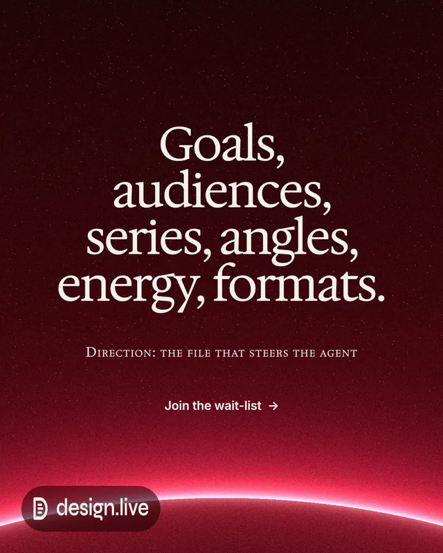Instagram portrait post for design.live: "Goals, audiences, series, angles, energy, formats." Swiss style, smallcaps layout, dark palette in black, red.