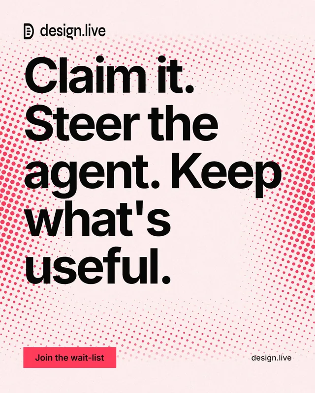 Instagram portrait post for design.live: "Claim it. Steer the agent. Keep what's useful." Swiss style, poster layout, light palette in white, red, grey.
