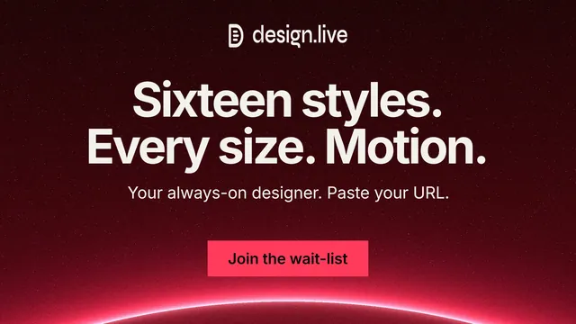 Landscape graphic for design.live: "Sixteen styles. Every size. Motion." Swiss style, centred layout, dark palette in black, red.