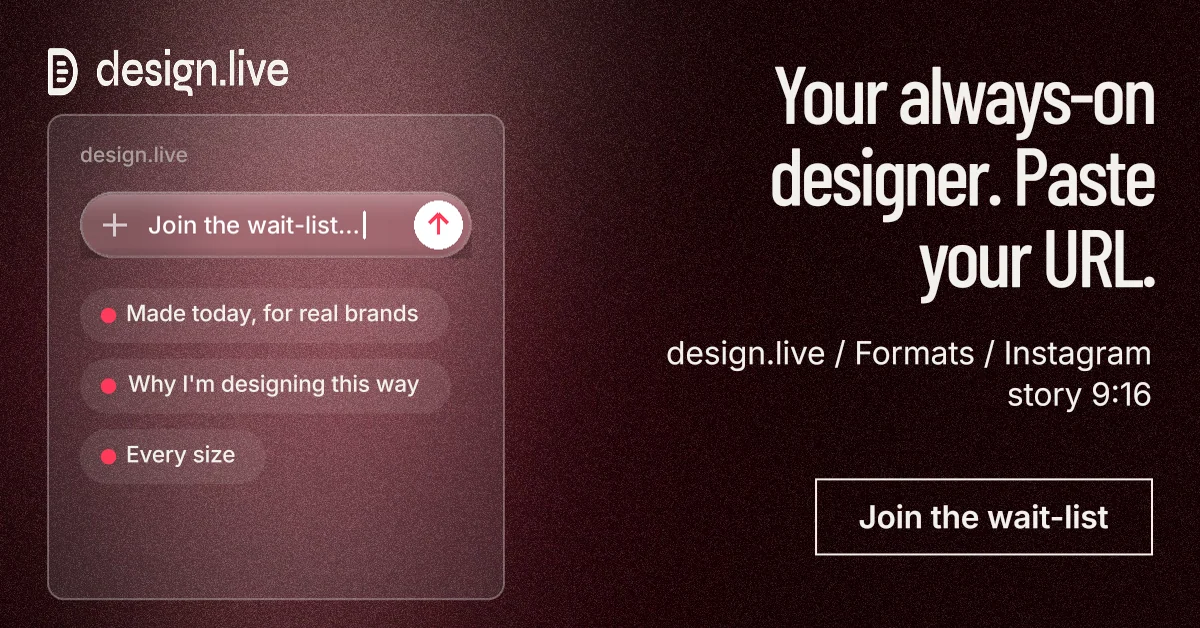 Social ad for design.live: "Your always-on designer. Paste your URL." Dark deco style, right layout, dark palette in black, red, grey.