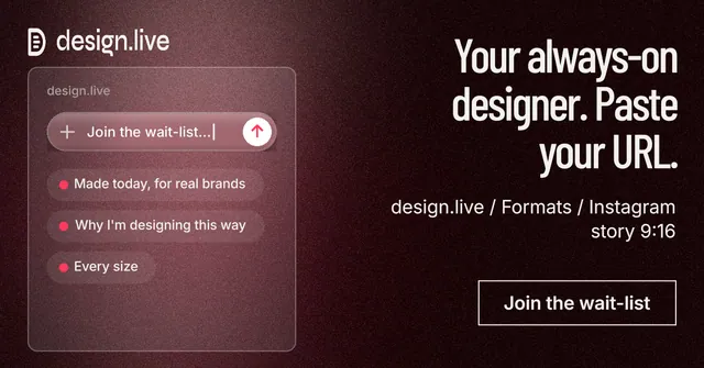 Social ad for design.live: "Your always-on designer. Paste your URL." Dark deco style, right layout, dark palette in black, red, grey.