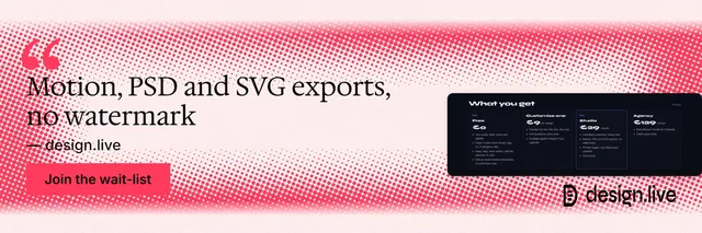 X header for design.live: "Motion, PSD and SVG exports, no watermark". Swiss style, quote layout, light palette in red, white.